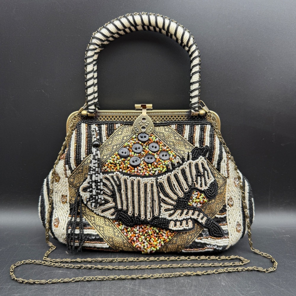 Chico's Beaded Zebra Frame Bag Women Black White Gold Animal Novelty Bling